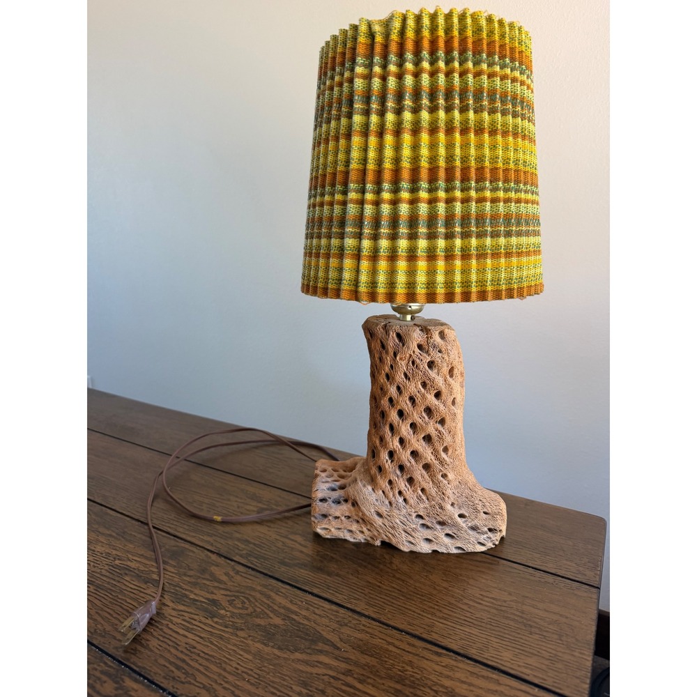 Vintage Cholla Cactus Wood Table Lamp multicolor brown orange Pleated Shade 70s